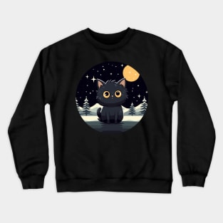 black cat in christmas winter night Crewneck Sweatshirt